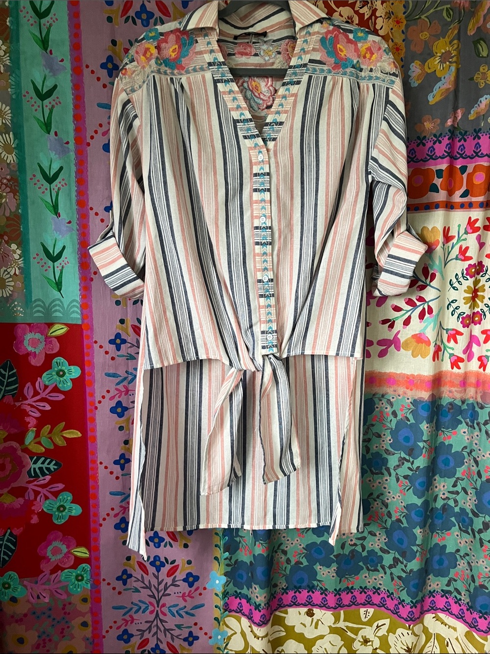 ANDREE BY UNIT Boho Pink/Navy Striped Embroidered Cotton Tie FrontTunic Size S - Picture 2 of 13